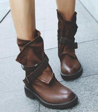 fall boots Autumn and Winter New round Toe Pu Ankle Buckle Low Square Heel Women's 