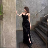 dress Black Jacquard Summer Lace Strap Dress Women's Slim-Fit Slimming Pure Mid-Length Dress Split Waist-Tight Hot Girl Dress