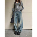 outfit ideas for school 2024 Autumn Personalized Pleated Stand Cut Design Jeans Women's Loose Tie-Dyed Wide-Leg Pants 