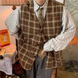 90s fashion men Retro Plaid Vest Waistcoat Loose Autumn Corduroy All-Match Casual Vest Ins Striped Men