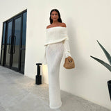 Toleet white dress Autumn Beach Vacation Sexy Long Dress Knitted Backless off-Neck Dress Blouse for Women