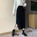 Fall Women's Outfits Idea Skirt Spring Versatile Black Split Knitted Skirt Women's Mid-Length High Waist A- line Slimming Hip Skirt