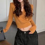 Fall Street Style Korean Style Pumpkin Orange Hooded V-neck Knitted Bottoming Shirt Spring and Autumn Wear Thin Sweater Slim Short Top