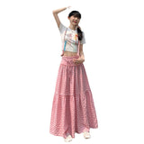 church outfit Retro Pink Plaid Lace-up High Waist Skirt for Women 2024 Summer New Loose Slimming Casual Skirt Umbrella Skirt