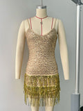 gold dress New Women's Slim-Fit Elegant Sexy Dress Deep V Tassel Bright Silk Dress Gold Sequined Suspender Dress