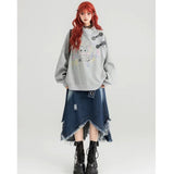 grunge outfits New Style Belt Cool Chic Irregular Denim Skirt Spring and Summer Design Slimming Frayed Fringe Long Skirt