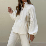 dress shirt 2024 Women Spring Fashion Street Stand Collar Long Sleeve Single Breasted Top High Waist Trousers Suit