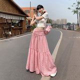 church outfit Retro Pink Plaid Lace-up High Waist Skirt for Women 2024 Summer New Loose Slimming Casual Skirt Umbrella Skirt