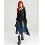 grunge outfits New Style Belt Cool Chic Irregular Denim Skirt Spring and Summer Design Slimming Frayed Fringe Long Skirt