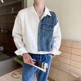 90s fashion men Fake Two-Piece Stitching Denim Shirt Men's Spring and Autumn New Fashion Brand Long-Sleeved Shirt Korean Men's Top