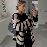 Autumn and Winter New Women's Lazy Style Black and White Striped Single-Breasted Loose Sweater Coat 