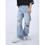 summer outfits men High Street New Ripped Mop Loose Washed Straight Casual Mid-Waist Knee-Exposed Distressed Jeans for Men and Women Hip Hop