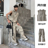 90s fashion men Zipper Hooded Vest Overalls Suit Boys Niche Design Loose Casual Sleeveless T-shirt Trousers Ruan Handsome