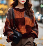 fall outfits aesthetic Maillard Retro Contrast Color Stitching Sweater Women's Autumn and Winter New Lazy Style round Neck Pullover Knitted Top