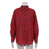 90s fashion men Autumn New Women's Red Plaid Shirt Women's Casual Design Loose Long Sleeve Shirt