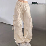 outfit ideas for school Fall street style Retro Straight Wide-Leg Pants Large Pocket Hip Hop Street Casual Pants White