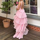 long pink dress Summer 2024 New Elegant Beach Dress Sling Halter Laminated Dress