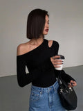 Toleet-Fashion Skew Collar Off-shoulder Long-sleeved T-shirts Women Spring 2023 New Solid Slim Fit Crop Top Sexy Hollow Out Tees Shirts