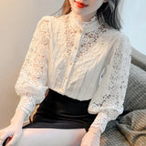 Toleet-Spring Sweet Hollow Out Lace Patchwork Blouse Autumn Button White Top Women Blusas Petal Sleeve Flower Stand Collar Shirt 12419