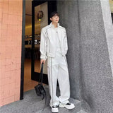 Toleet-Sports 2 Pcs Set Men High Street Stripe Sportswear Short Jacket +loose Wide-leg Pant Casual Retro Streetwear Unisex Suit Autumn