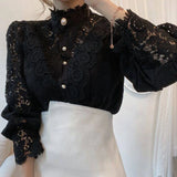 Toleet-Spring Sweet Hollow Out Lace Patchwork Blouse Autumn Button White Top Women Blusas Petal Sleeve Flower Stand Collar Shirt 12419