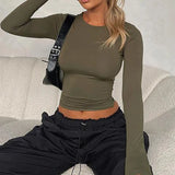 Toleet-Long Sleeve T-Shirts Women Autumn Winter Slim O Neck Causal Solid Pullovers Crop Tops Base Tees Streetwear Y2K Bodycon T Shirt