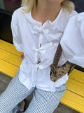 Toleet-Summer Lace Up Bow Tied Women Shirt Casual O-neck Puff Sleeve Ruffles White Blouse 2024 New Female Black Tops Sweet Lady