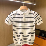 Toleet-Summer Men's Clothing Leisure Light Luxury Knitted Polo Shirt Korean Striped Short Sleeve Retro Breathable Fashion Knitwear