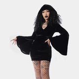 Toleet Women Halloween Witch Cosplay Costumes Long Sleeve Black Hooded Bodycon Mini Dresses Gothic Goth Short Dress for Party