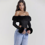 Toleet-Suninheart Autumn and Winter Women Tops 2023 Detachable Fur Off The Shoulder Cropped Top Sexy Black Casual Long Sleeve Blouse