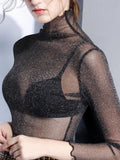 Toleet-Sexy Mesh Tops Long Sleeve Woman T-shirts Female Lace Tops Transparent See Through Ladies T- Shirt Femme T-shirts