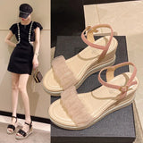 Toleet New Female Ankle Strap Buckle Roman Sandals Summer Women Platform Beige High Heels Fashion Ladies Clogs Wedges Round Toe Shoes