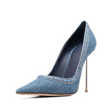 2024 Women's Fashion Blue Denim Thin High Heel Single Shoes European and American Pointed Back Strap Shallow Mouth Sandals