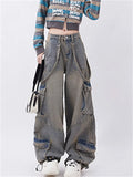 Toleet Blue Cargo Pants Women 2024 Vintage New Loose Washed Do Old Low Rise Jeans Chic Hip Hop Straight Full Length Wide Leg Jeans