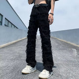 Toleet- Men's Tide Spring Autumn Hip Hop High Street Damaged Slight Ragged Hole Raw Edge Pleated Jeans Dark Punk Denim Pants