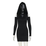 Toleet Goth Dark Harajuku Fashion Embroidery Bodycon Mini Dress Black Vestido Grunge Techwear Mall Gothic Off Shoulder Hooded Dresses