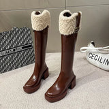 Toleet-Winter Knee High Brown Long Boots Comfort Square Heel Zip Belt Buckle Platform Boots for Women  Plush Edge Warm Gothic Shoes