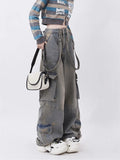 Toleet Blue Cargo Pants Women 2024 Vintage New Loose Washed Do Old Low Rise Jeans Chic Hip Hop Straight Full Length Wide Leg Jeans