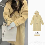 Autumn Winter Woolen Jacket Women's Medium-length Elegant Trendy Hooded Horn Button Overcoat