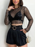 Toleet-Ladies Sexy Mesh Sequined Full Sleeve Short Tops 2024New Summer See Though T shirt Women Elegant Tops