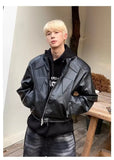 Toleet-Motorcycle Leather Jacket Men Cropped Korean Fashion Shoulder Pad PU Bomber Coats Male Street Hip Hop Racing Retro Outwear New