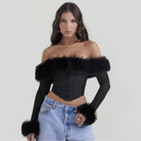 Toleet-Suninheart Autumn and Winter Women Tops 2023 Detachable Fur Off The Shoulder Cropped Top Sexy Black Casual Long Sleeve Blouse