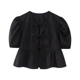 Toleet-Summer Lace Up Bow Tied Women Shirt Casual O-neck Puff Sleeve Ruffles White Blouse 2024 New Female Black Tops Sweet Lady