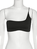 Toleet-Women Summer Trendy Tank Tops Solid Color One-Shoulder Sleeveless Slim Crop Tops for Ladies Black