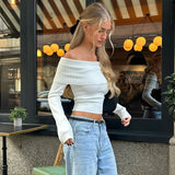 Toleet-Vintage Off Shoulder T-Shirt Women Spring Solid White Long Sleeve Knit Sweaters Casual T shirts Slim Fit Crop Tops Y2K Clothes