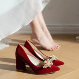 Spring/Summer/Autumn Wedding Shoes Women's Thick Heels 2024 New Bride Red Suede Wedding Shoes