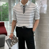 Toleet-Summer Men's Clothing Leisure Light Luxury Knitted Polo Shirt Korean Striped Short Sleeve Retro Breathable Fashion Knitwear