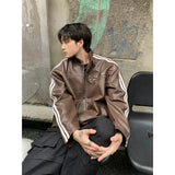 Toleet-Retro Leather Jacket Men Women  American Patchwork Strip Racing Outerwear Loose Hip Hop Zippers Brown PU Coat Streetwear Spring