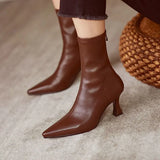 Toleet-Women Pointy Brown Soft Leather Brown Elastic Boots Famele Stiletto Heels Shoes Ladies Ankle Boots Back Zipper Commuter Boots