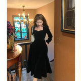 Toleet French Black Dress Velvet Dresses Women 2024 Spring and Fall New Waisted Fairy Style Dress Female High Class Elegant Party Dress